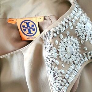 Tory Burch Oleander satin shift dress with silver embellished cap sleeve size 4.